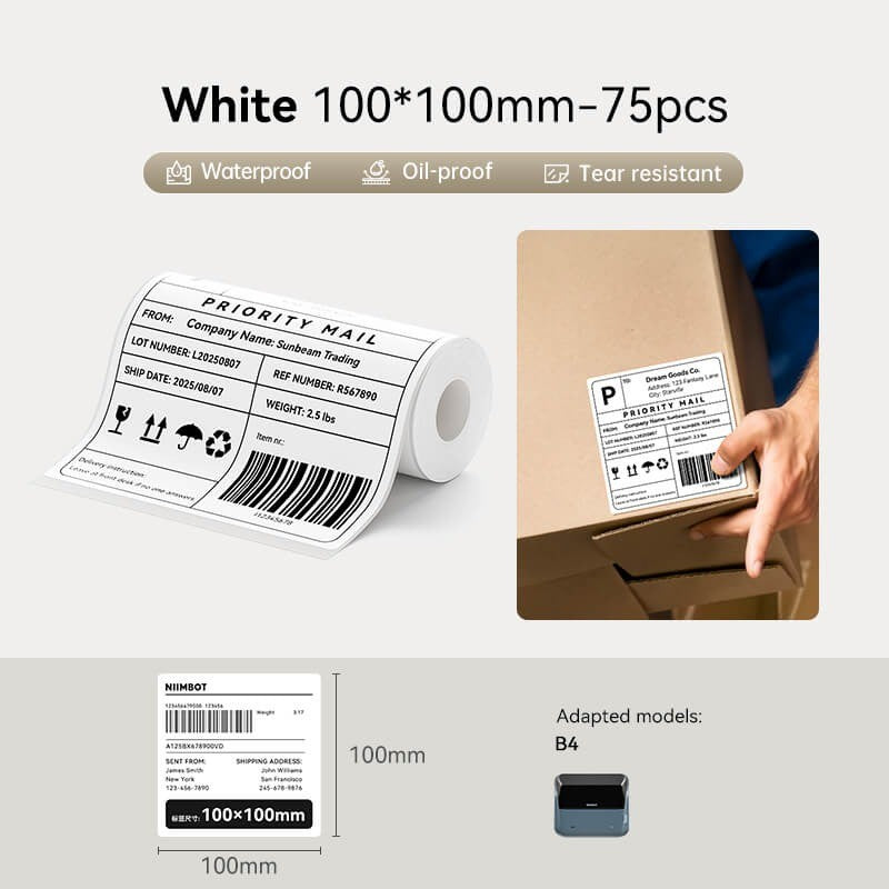 NIIMBOT B4 Label Sticker 50mm to 110mm, Waterproof Thermal Refill Airway Bill Paper Price Tag Roll