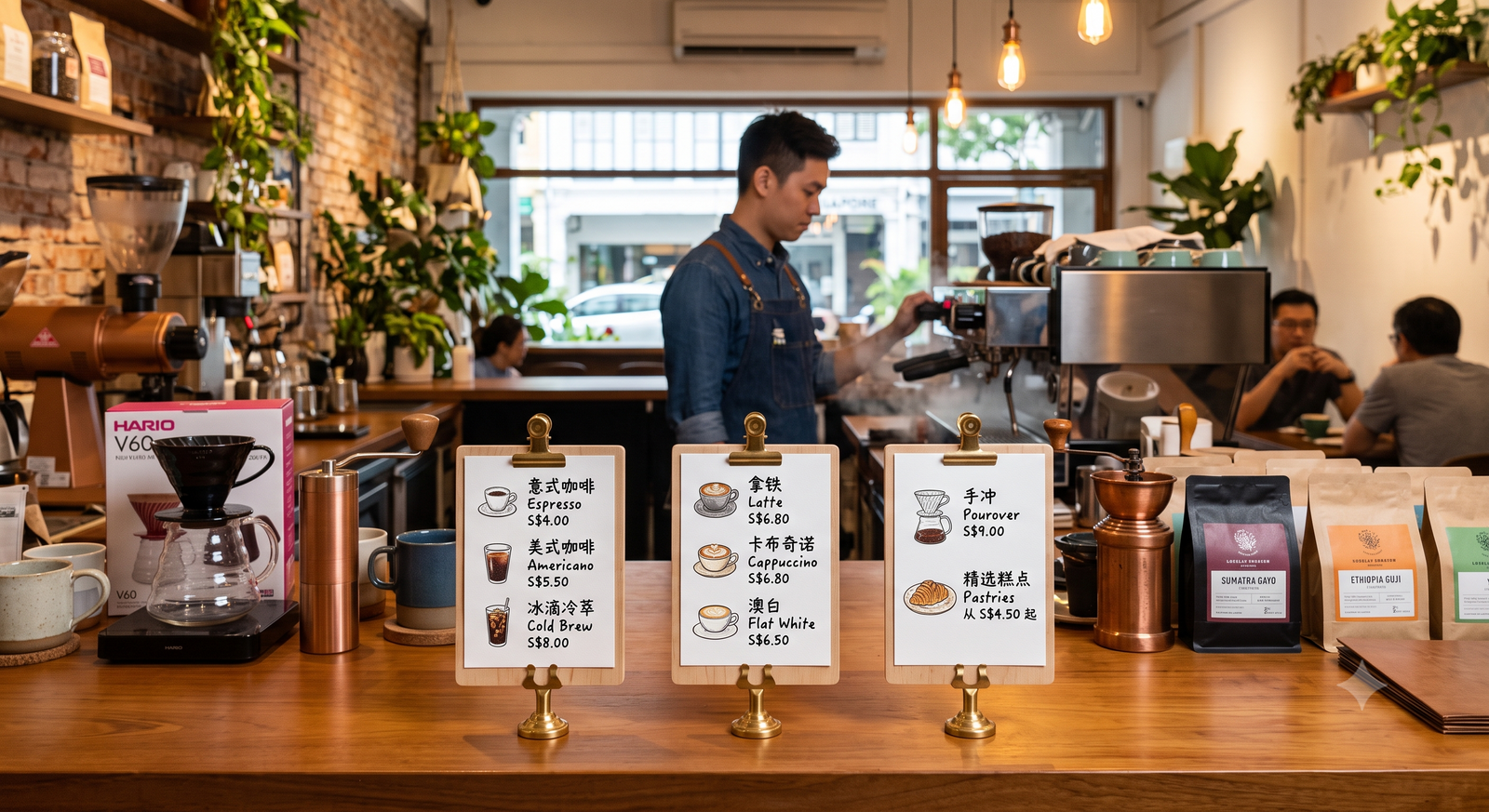 Cafe pastry case with printed price labels