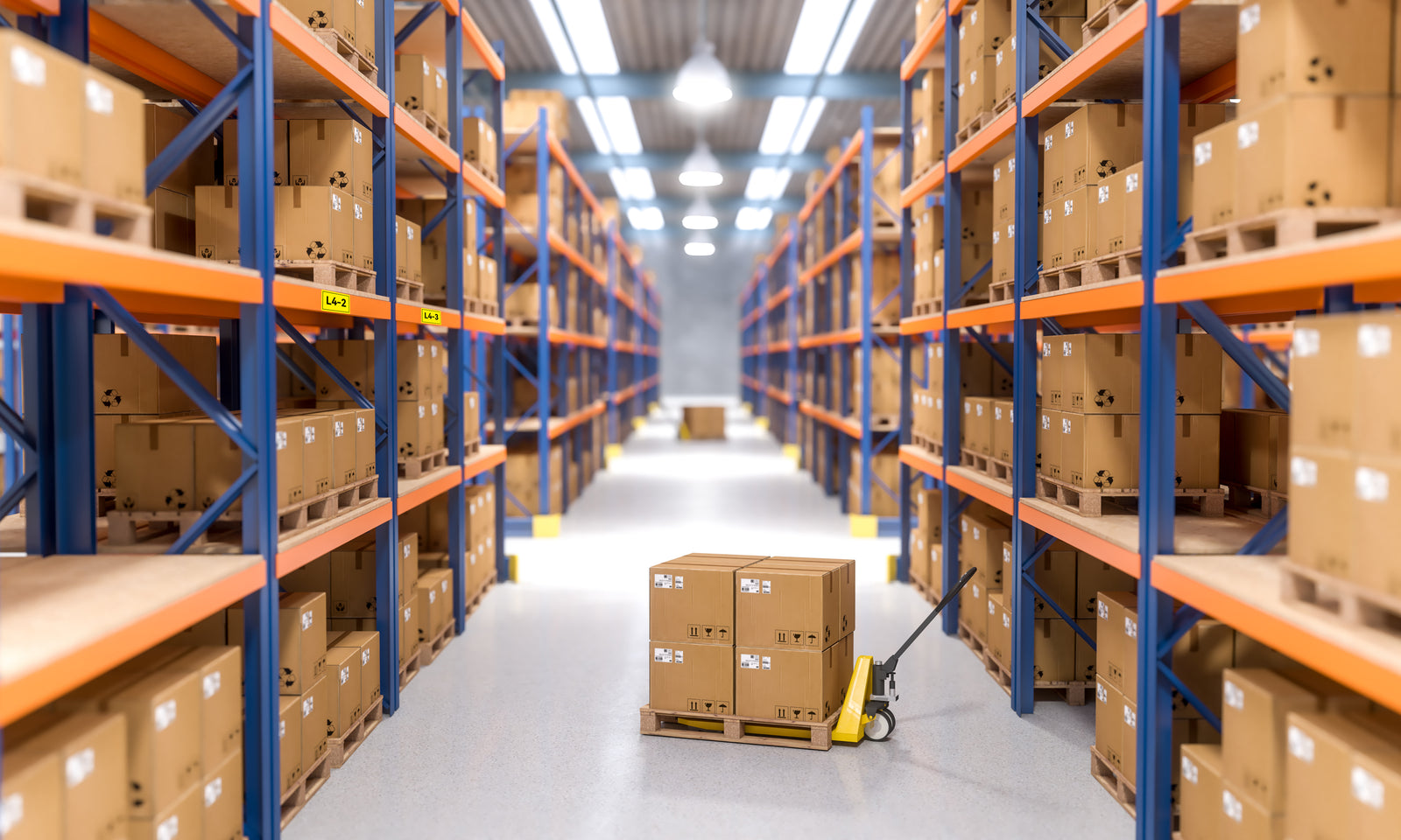 Warehouse racking with labelled bins and barcodes