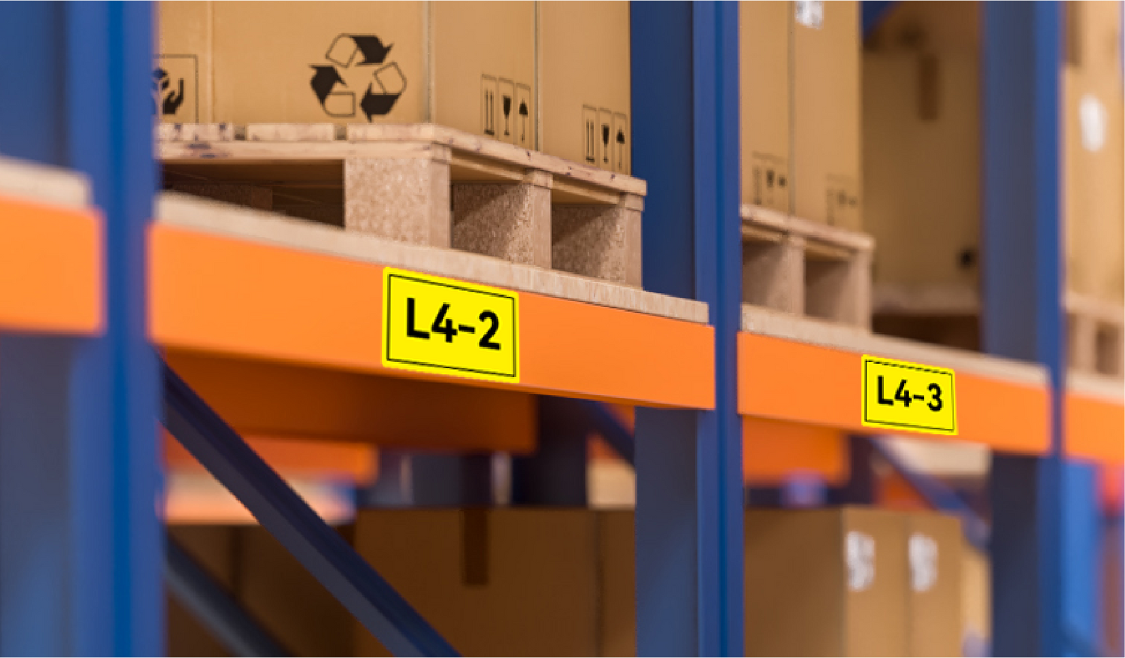 PET location labels on warehouse racking uprights