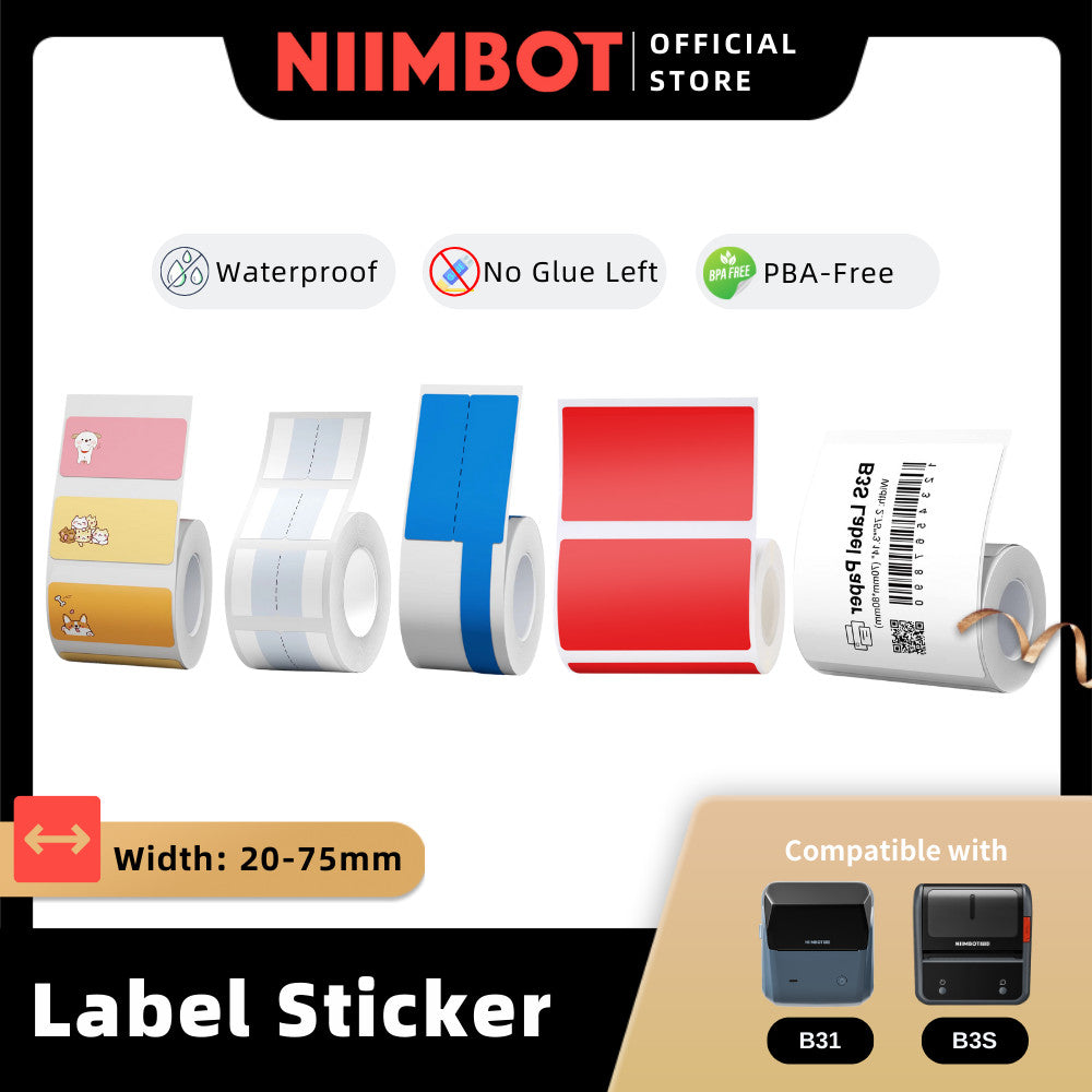 NIIMBOT B31 B3S 20-75mm Label Sticker, Waterproof Thermal Refill Paper Price Tag Tape Roll