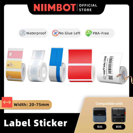 NIIMBOT B31 B3S 20-75mm Label Sticker, Waterproof Thermal Refill Paper Price Tag Tape Roll