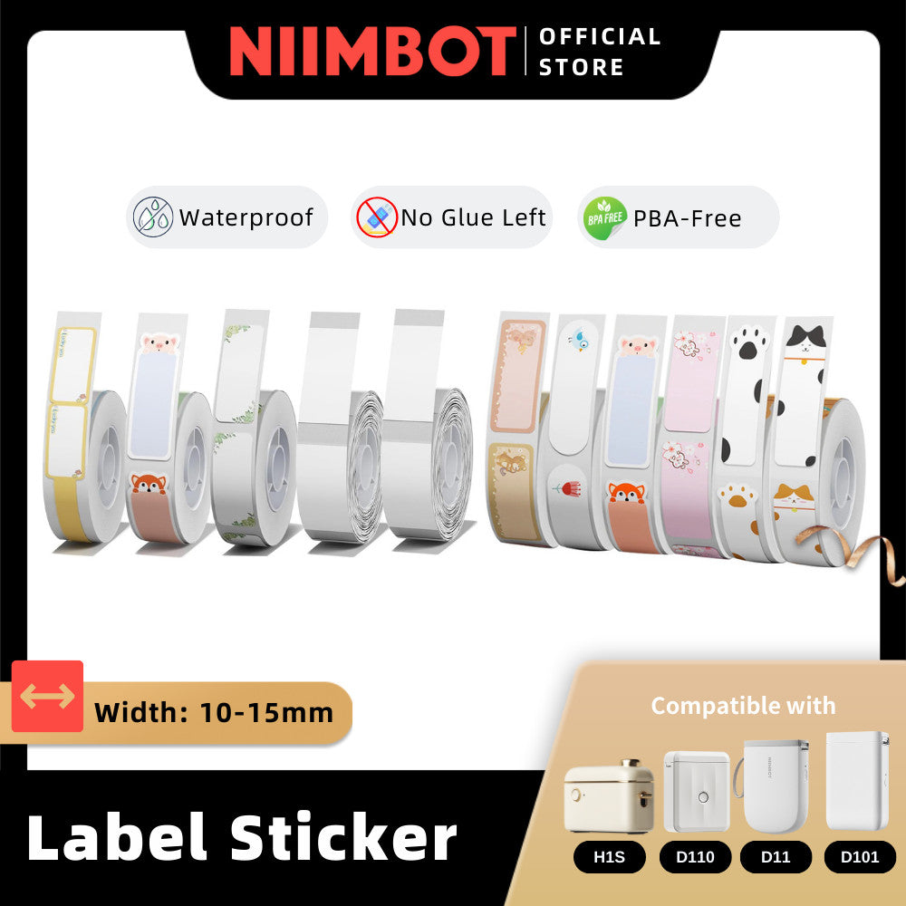 NIIMBOT D11 D110 D101 H1S 10-15mm Sticker, Smooth Waterproof Refill Price Label Paper Tape Roll