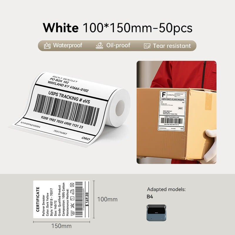 NIIMBOT B4 Label Sticker 50mm to 110mm, Waterproof Thermal Refill Airway Bill Paper Price Tag Roll