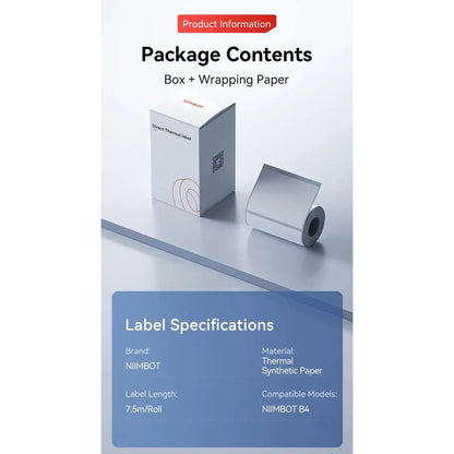 NIIMBOT B4 Label Sticker 50mm to 110mm, Waterproof Thermal Refill Airway Bill Paper Price Tag Roll