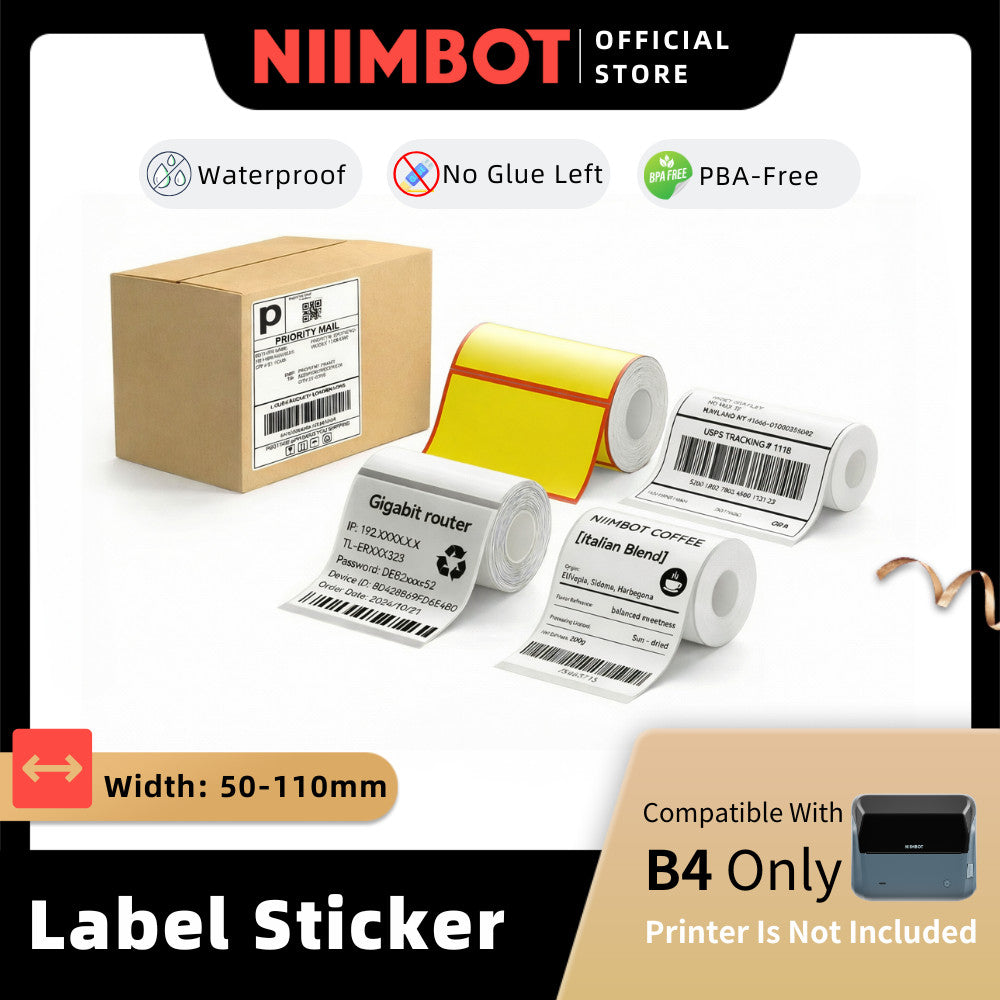 NIIMBOT B4 Label Sticker 50mm to 110mm, Waterproof Thermal Refill Airway Bill Paper Price Tag Roll